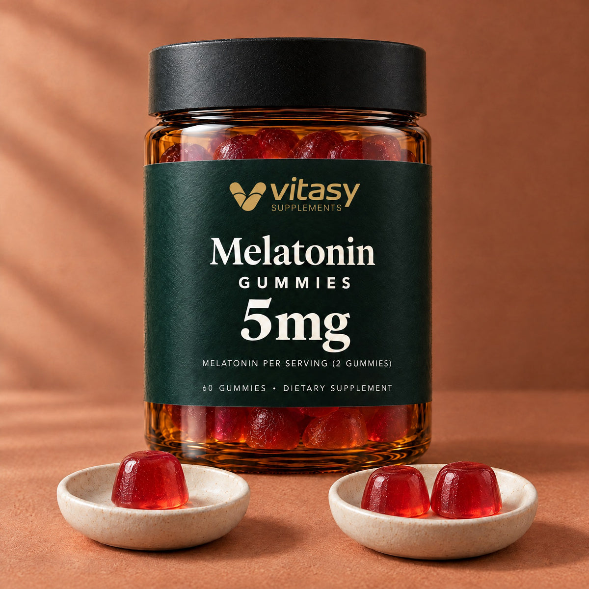 Vitasy Melatonin Gummies jar with one gummy and two gummies in two small dishes