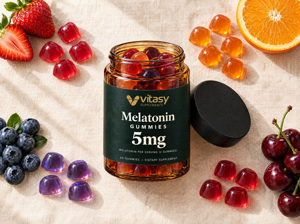 Vitasy Melatonin Gummies jar with cap off and gummies next to strawberry, orange, blueberry and cherry