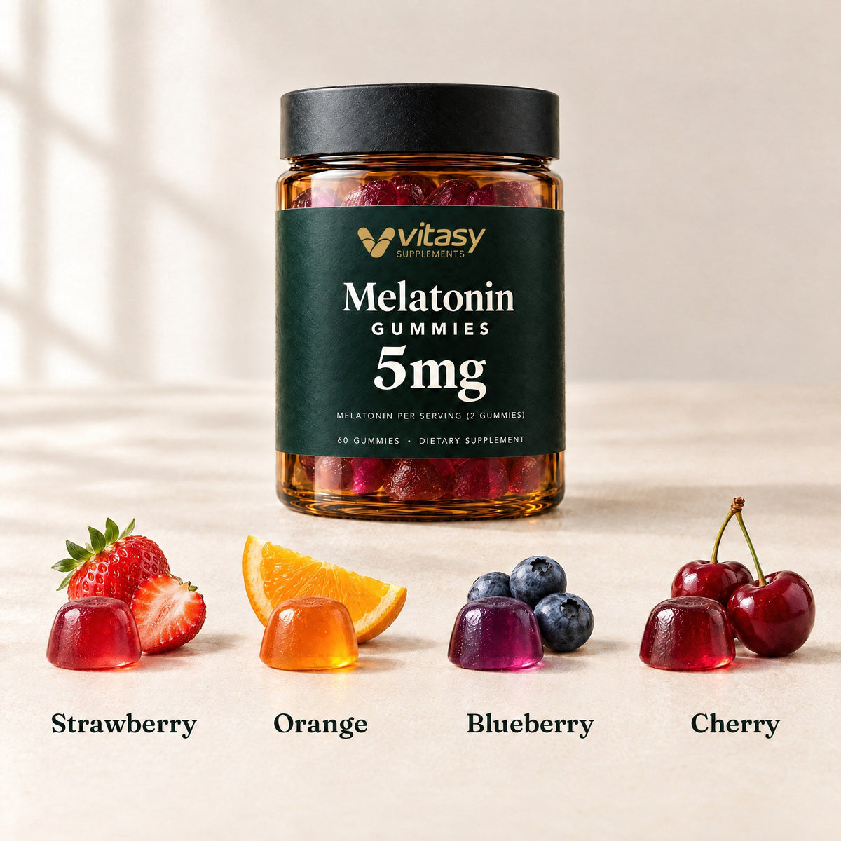 Vitasy Melatonin Gummies in strawberry, orange, blueberry and cherry