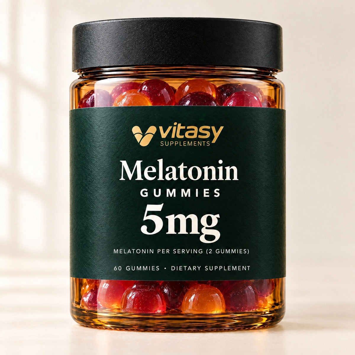 Vitasy Melatonin Gummies jar, 60 gummies, 5 mg melatonin per serving (2 gummies)