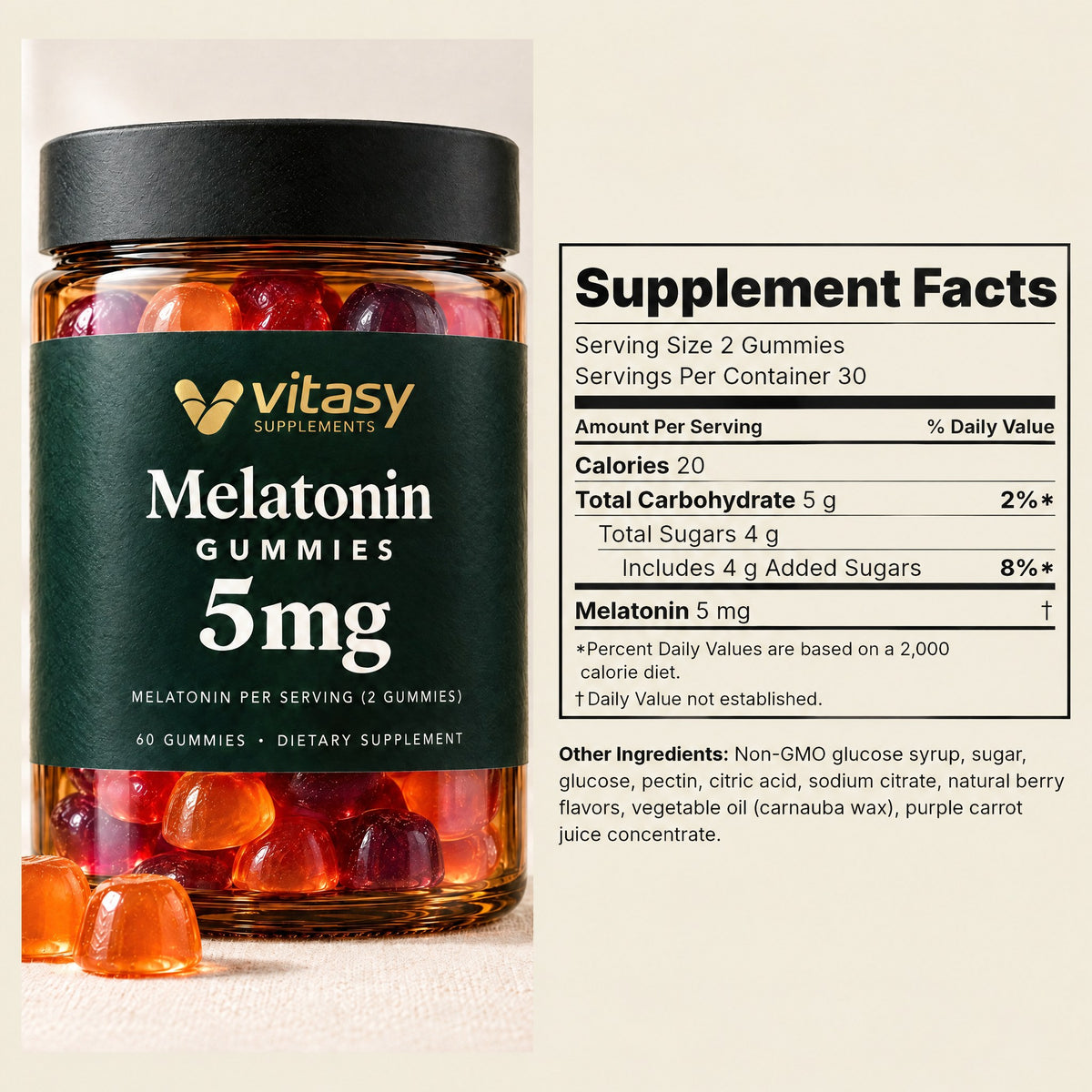 Supplement Facts: serving size 2 gummies, melatonin 5 mg, 30 servings