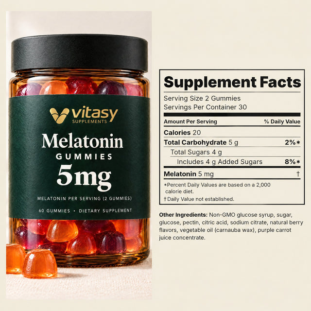 Supplement Facts panel of Vitasy Melatonin Gummies: 5 mg melatonin per 2 gummies