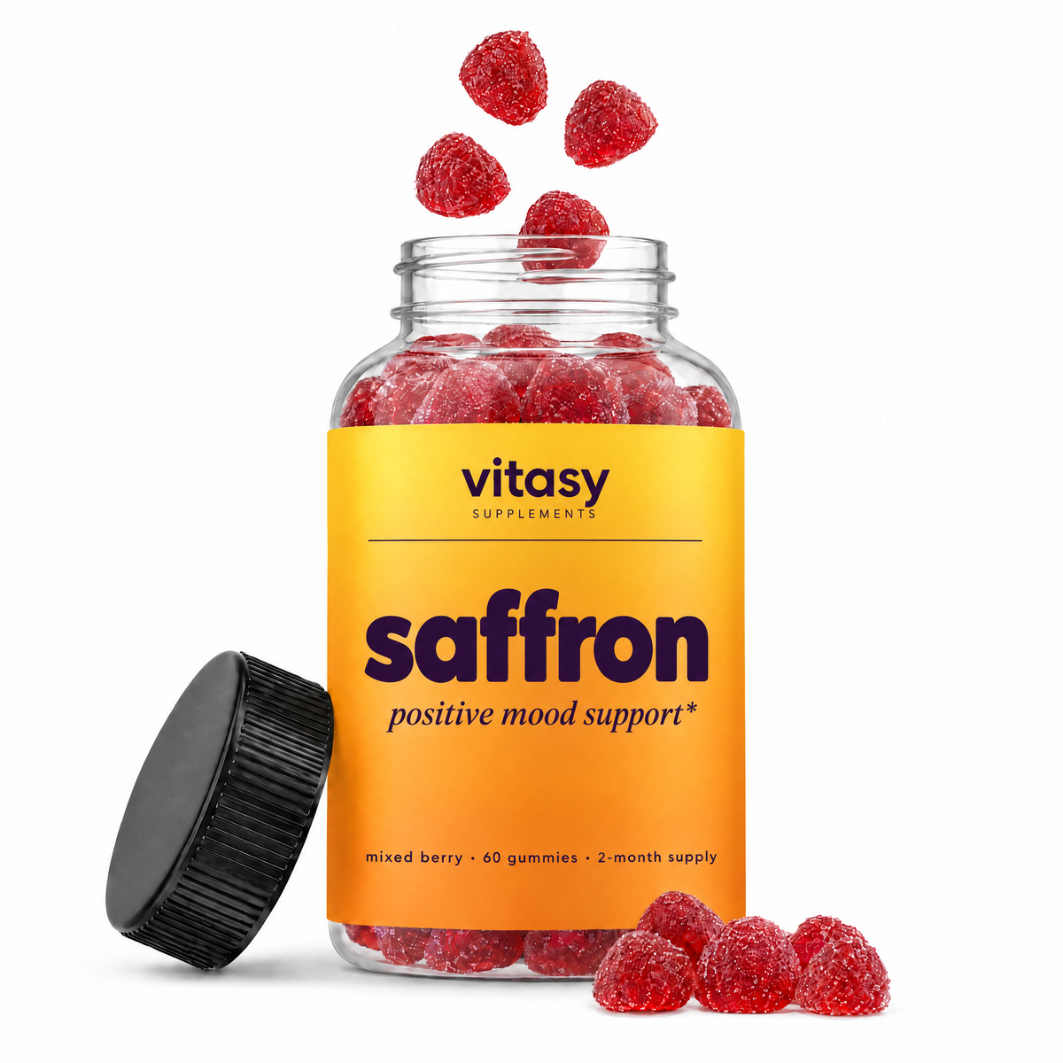 Vitasy Saffron Gummies bottle, positive mood support, mixed berry, 60 gummies, 2-month supply