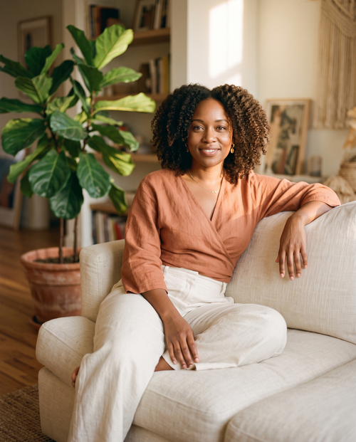 Smiling woman relaxing on a sofa at home