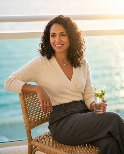 Woman with a glass of water on a balcony by the sea