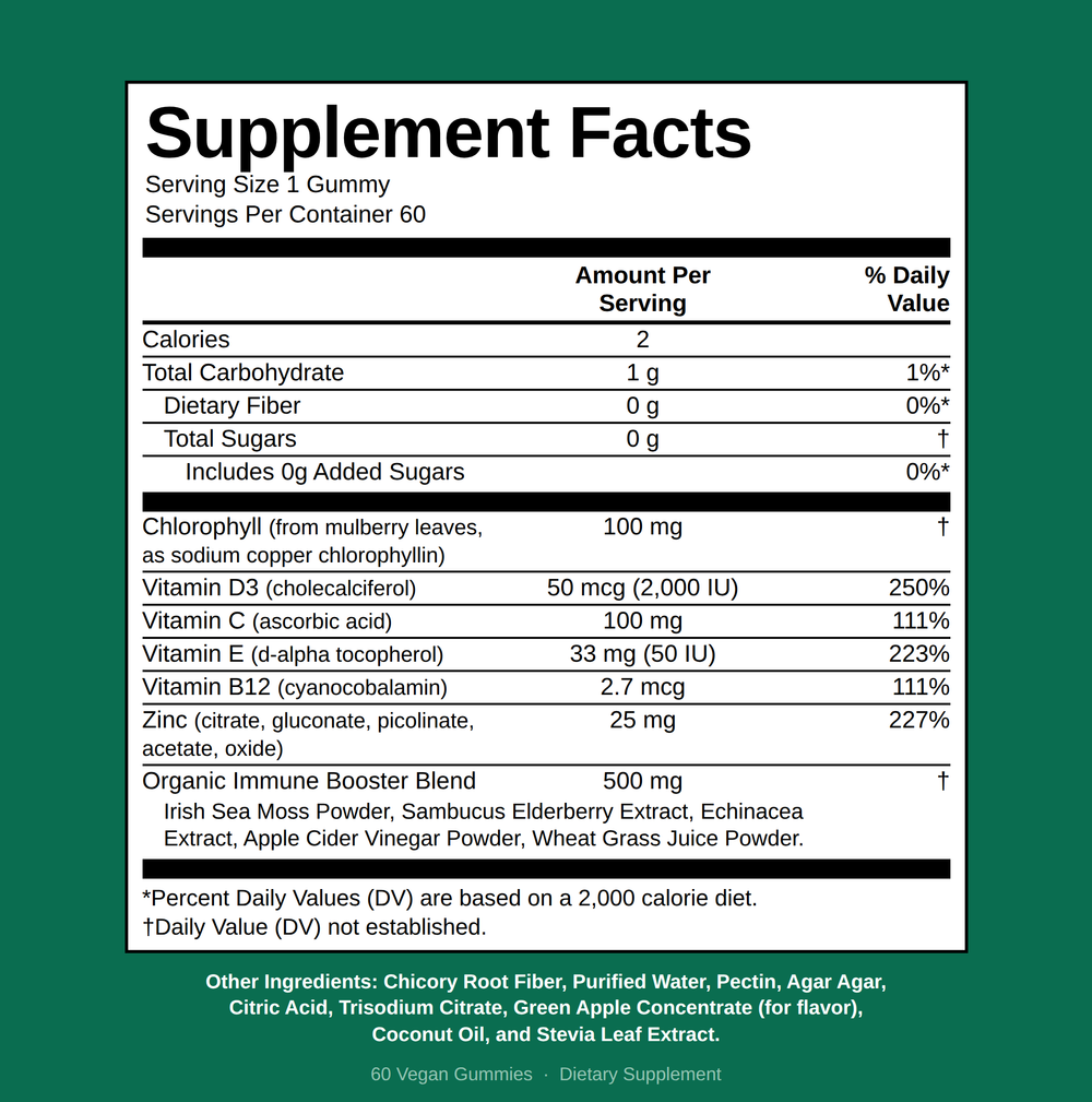 Chlorophyll Gummies - Daily Immune Support - 100mg Chlorophyll Per Serving with Sea Moss, Elderberry & Echinacea - 60 Gummies