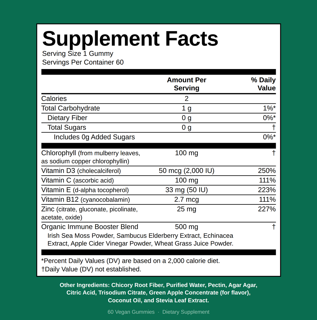 Chlorophyll Gummies - Daily Immune Support - 100mg Chlorophyll Per Serving with Sea Moss, Elderberry & Echinacea - 60 Gummies