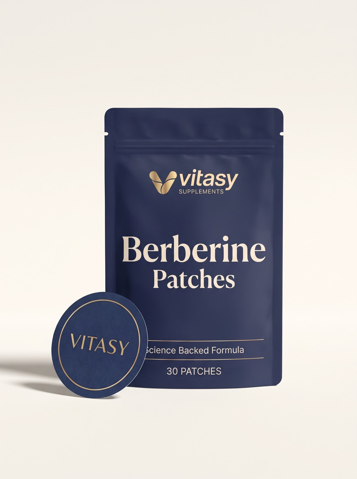 Vitasy Berberine Patches pouch with two round navy patches