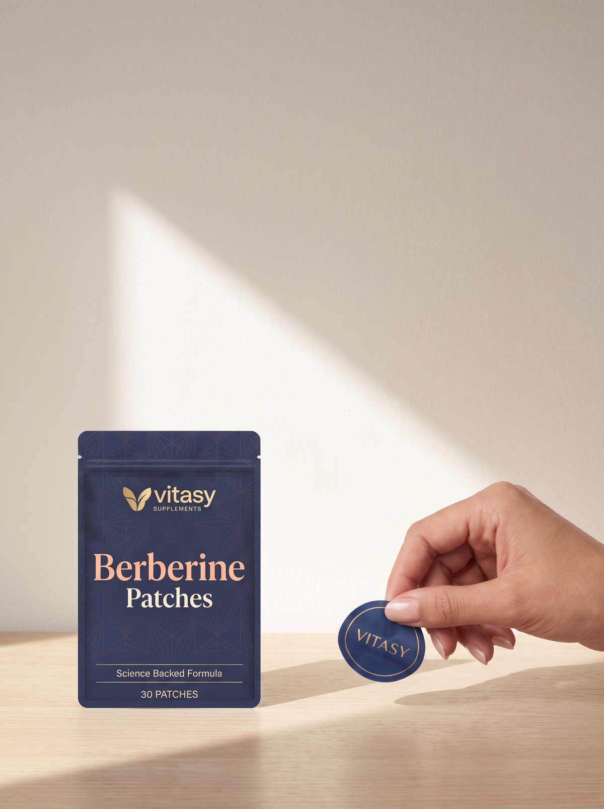 Vitasy pouch and a hand holding one round navy patch