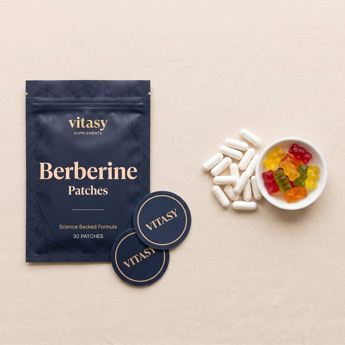 Vitasy patches next to capsules and gummies