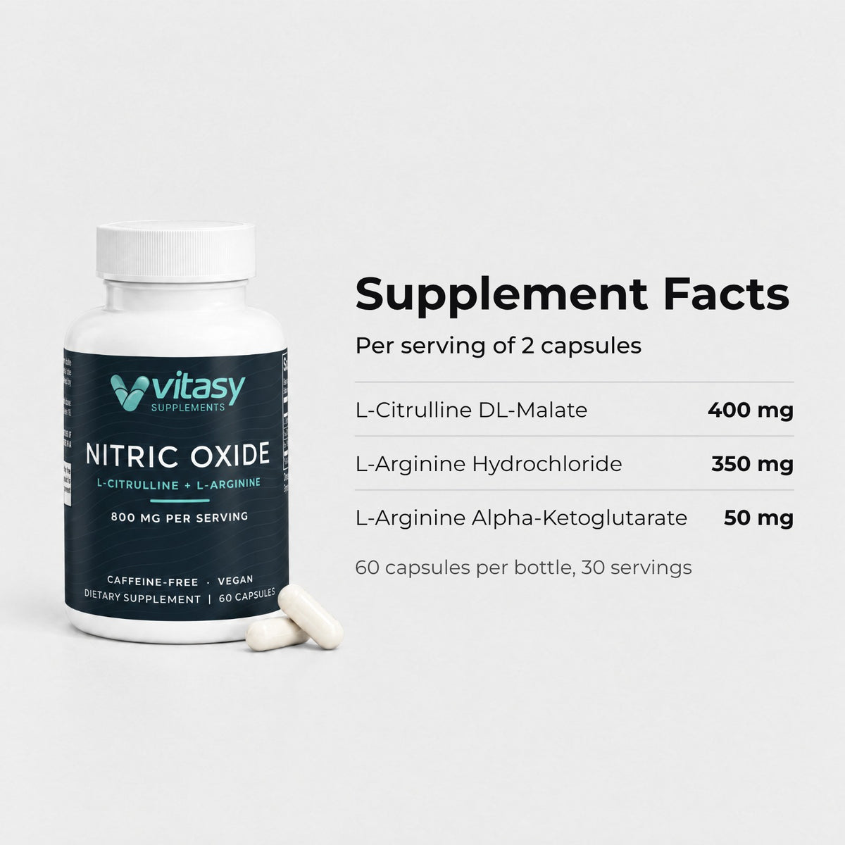 Vitasy Nitric Oxide supplement facts: 400 mg L-citrulline DL-malate, 350 mg L-arginine HCl and 50 mg L-arginine AKG per 2 capsules