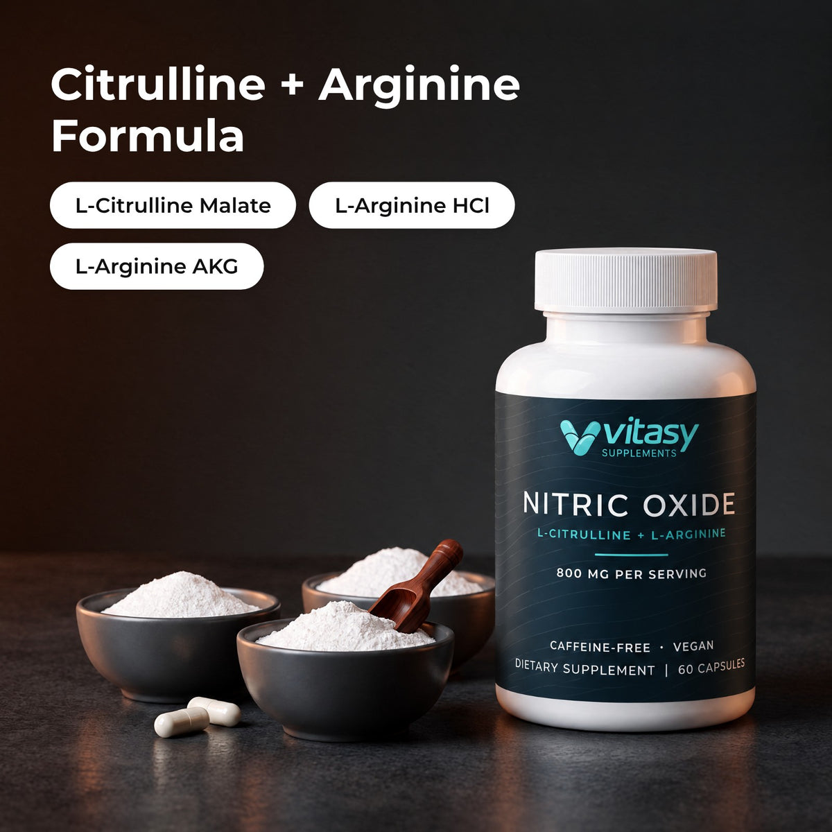 Vitasy Nitric Oxide citrulline and arginine formula: L-citrulline malate, L-arginine HCl, L-arginine AKG