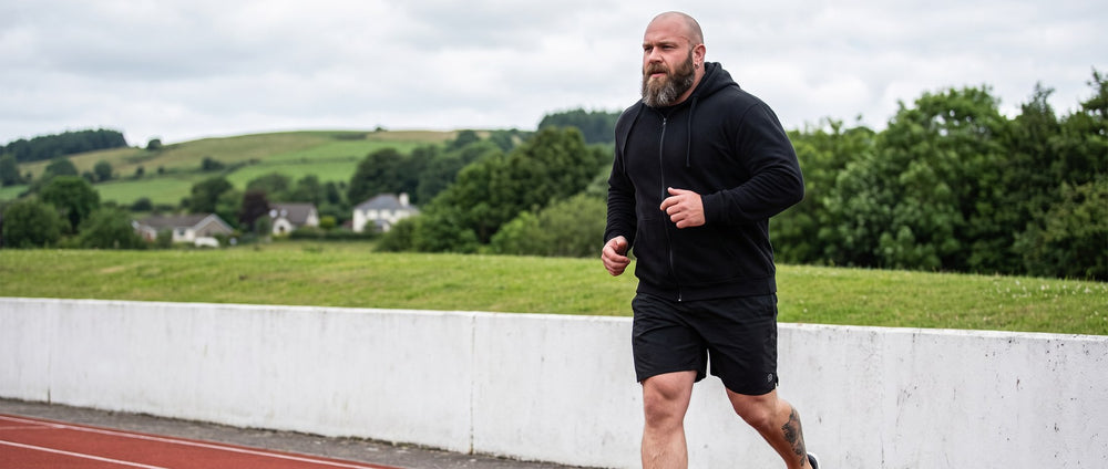 Man jogging outdoors on an overcast day