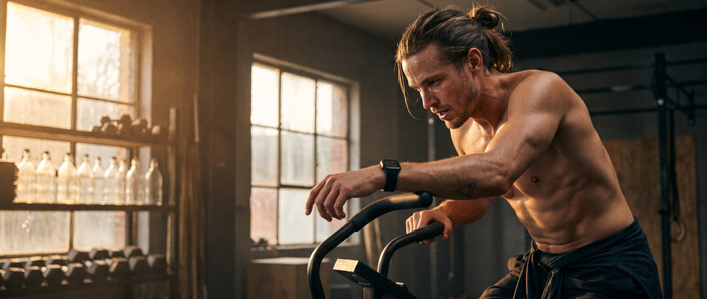 Man training on an air bike in a gym