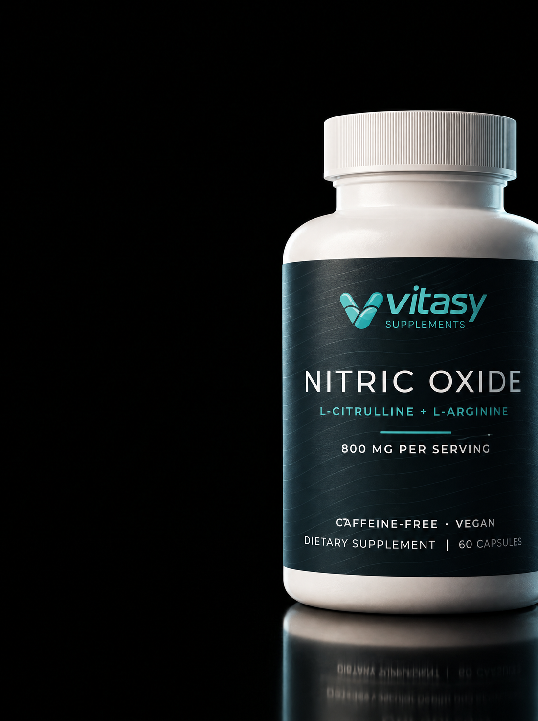 Vitasy Nitric Oxide bottle in a dark studio