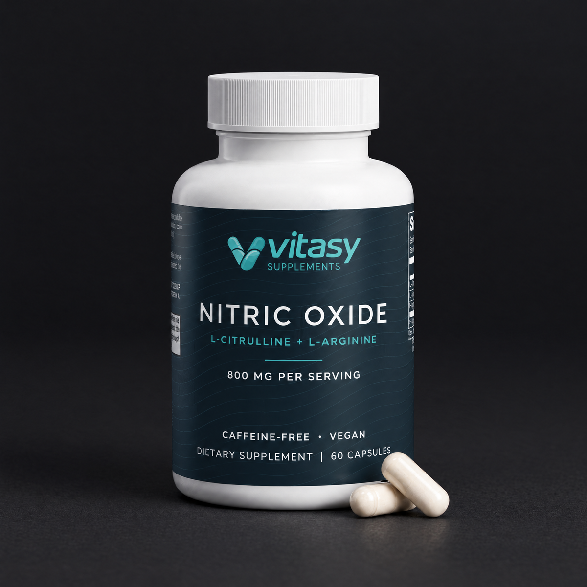 Vitasy Nitric Oxide capsules, 60-capsule bottle on a dark background