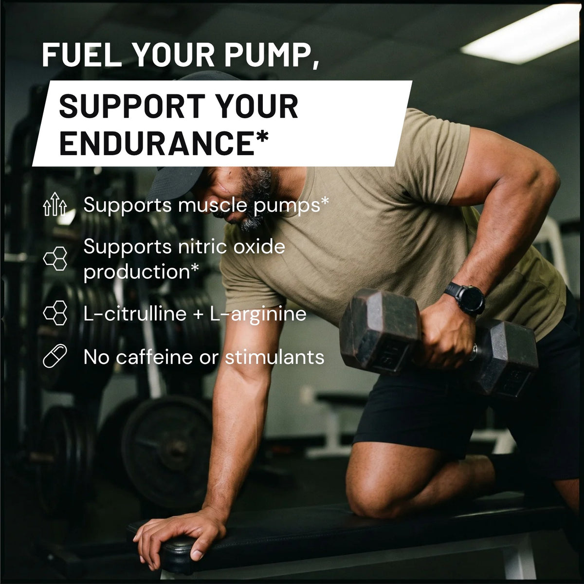 Man training a dumbbell row: supports muscle pumps and nitric oxide production, L-citrulline + L-arginine, no caffeine or stimulants