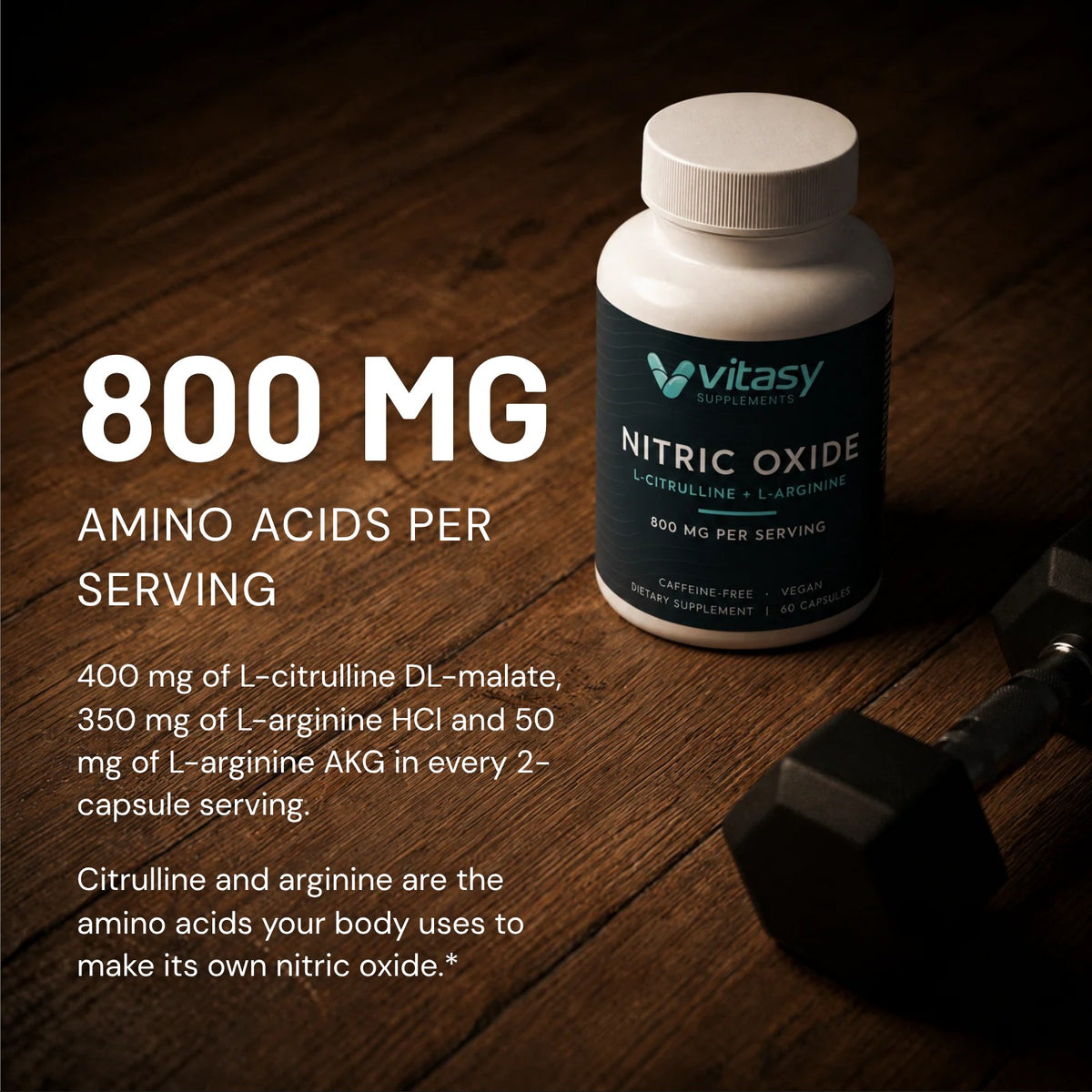 800 mg amino acids per serving: 400 mg L-citrulline DL-malate, 350 mg L-arginine HCl and 50 mg L-arginine AKG