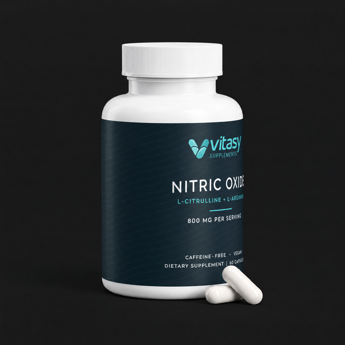 Vitasy Nitric Oxide bottle, left side of the label