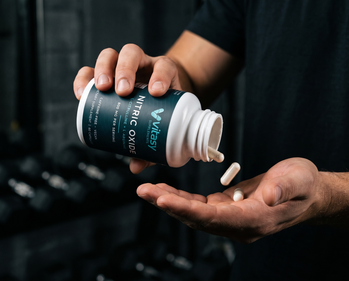 Hand shaking two white capsules from a Vitasy Nitric Oxide bottle into a palm in a dark gym