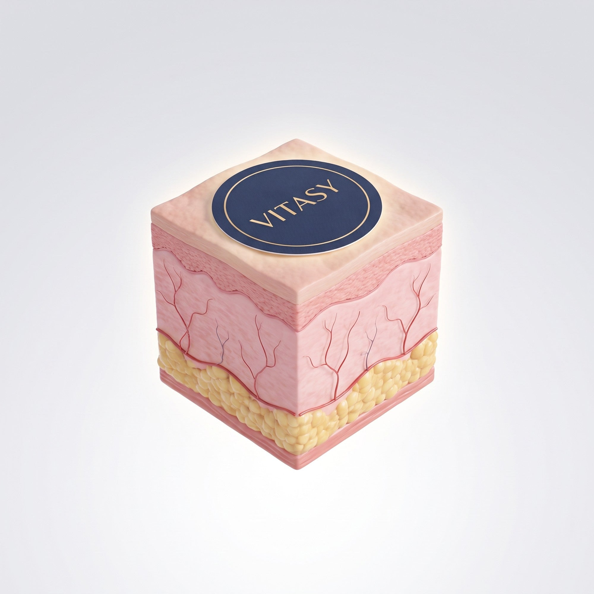Illustrated skin cross-section with a Vitasy patch on top