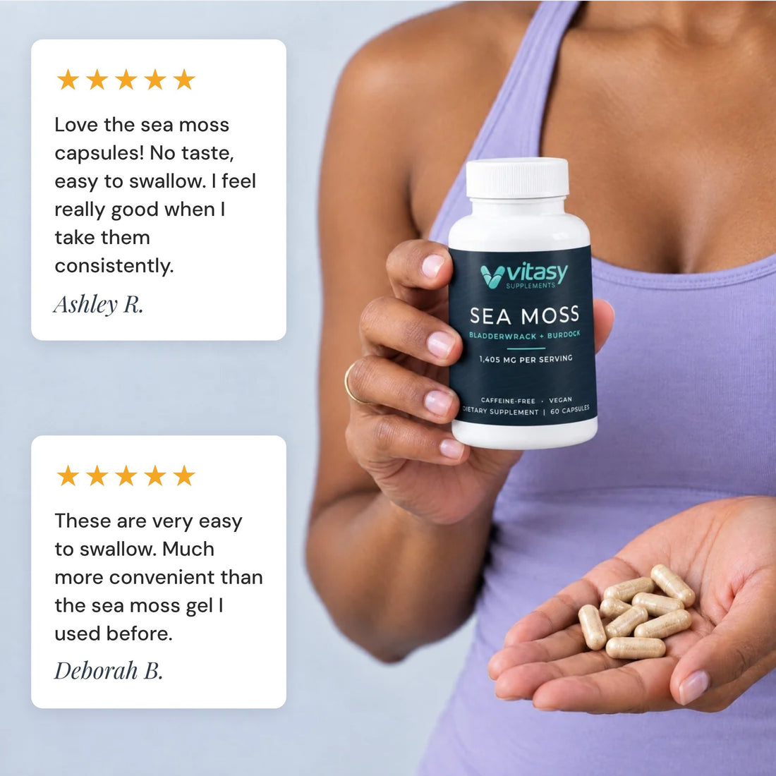 Woman holding Sea Moss Capsules with two 5-star customer quotes