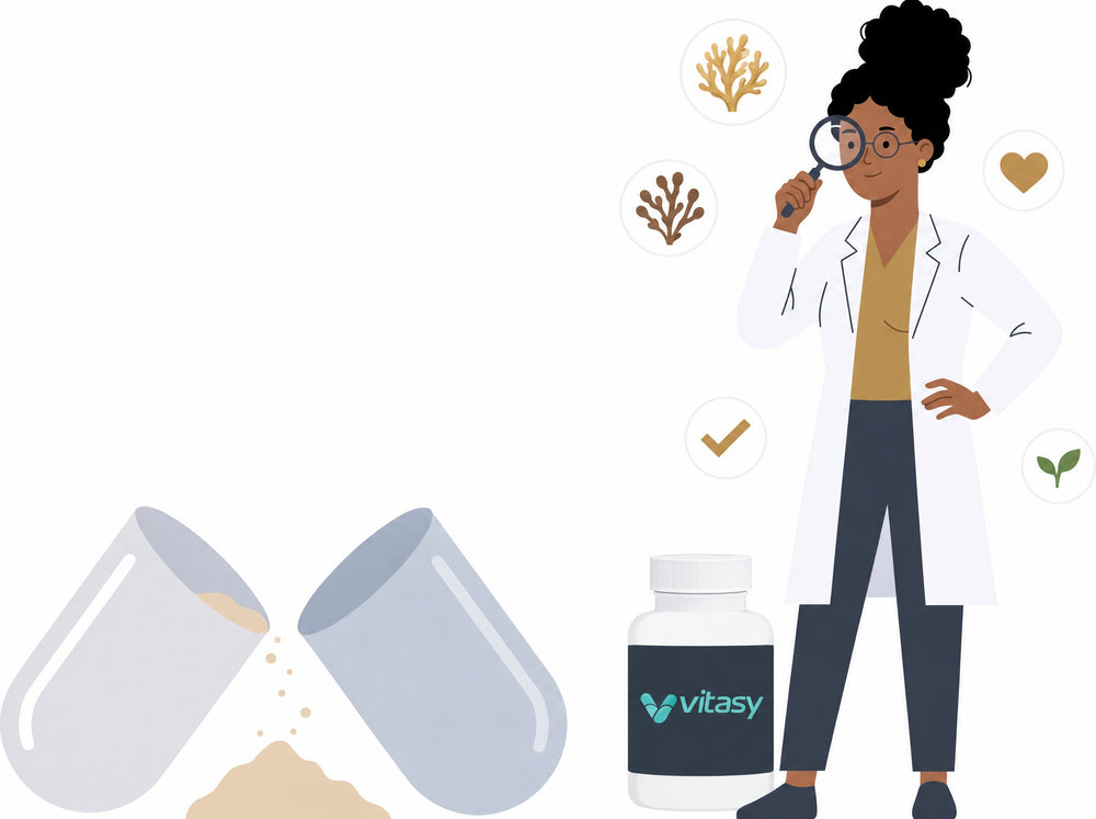 Illustration of a scientist checking a Vitasy Sea Moss bottle and an open capsule
