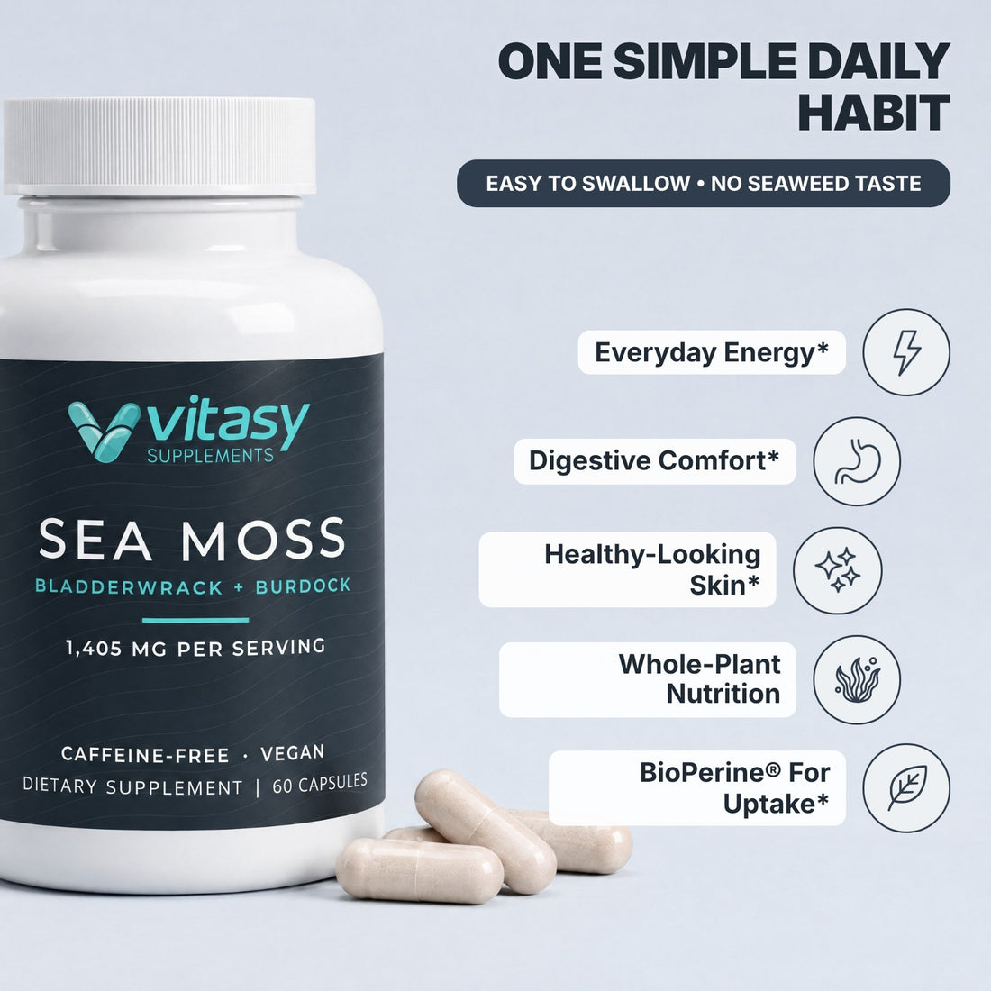 Vitasy Sea Moss Capsules bottle close-up