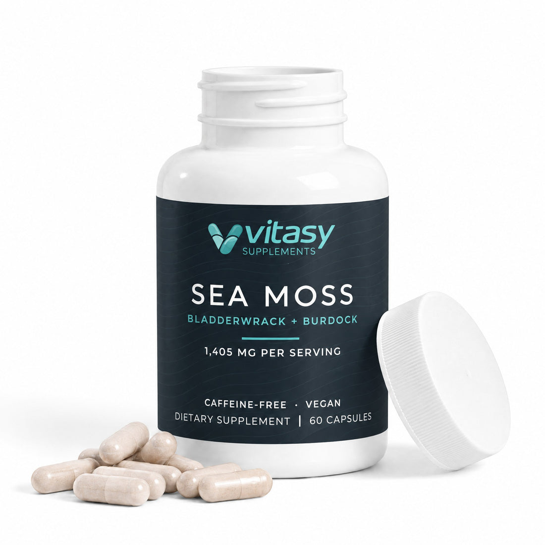 Open bottle of Vitasy Sea Moss Capsules with beige capsules