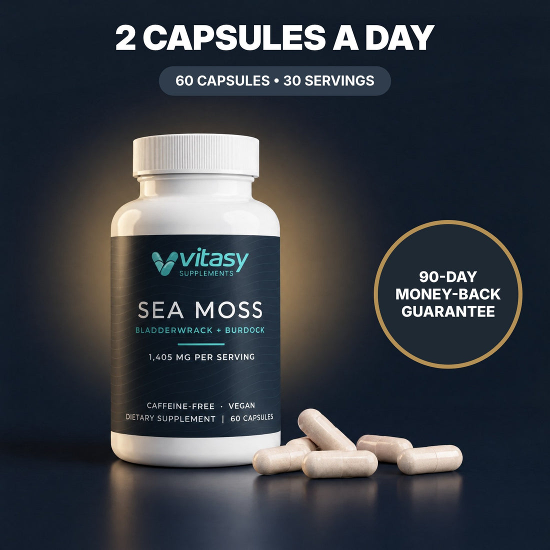 Vitasy Sea Moss Capsules bottle with beige capsules on navy: 2 capsules a day, 90-day money-back guarantee
