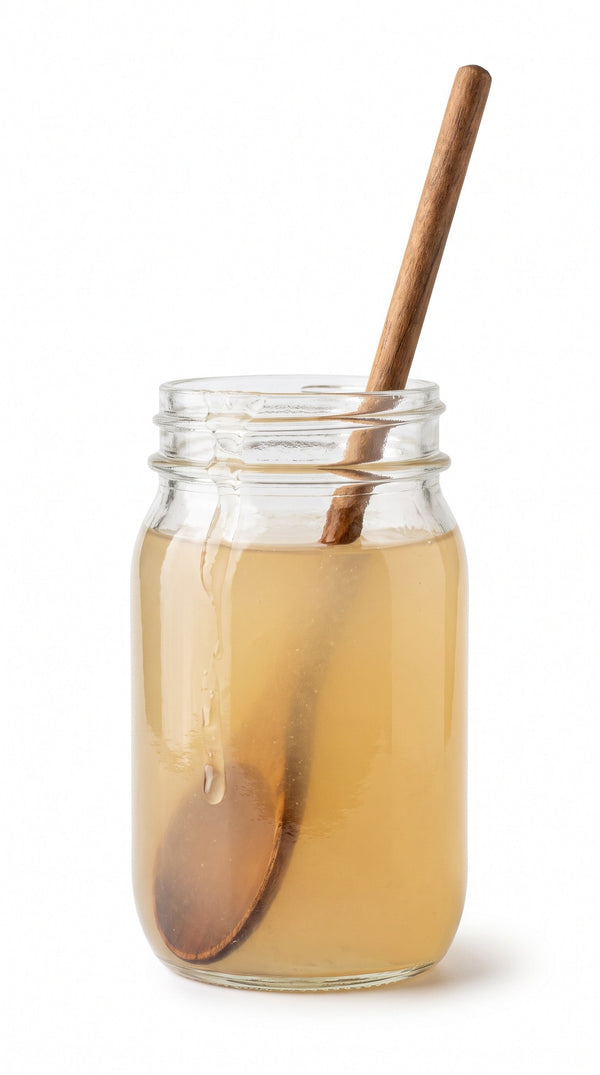 Jar of sea moss gel with a wooden spoon