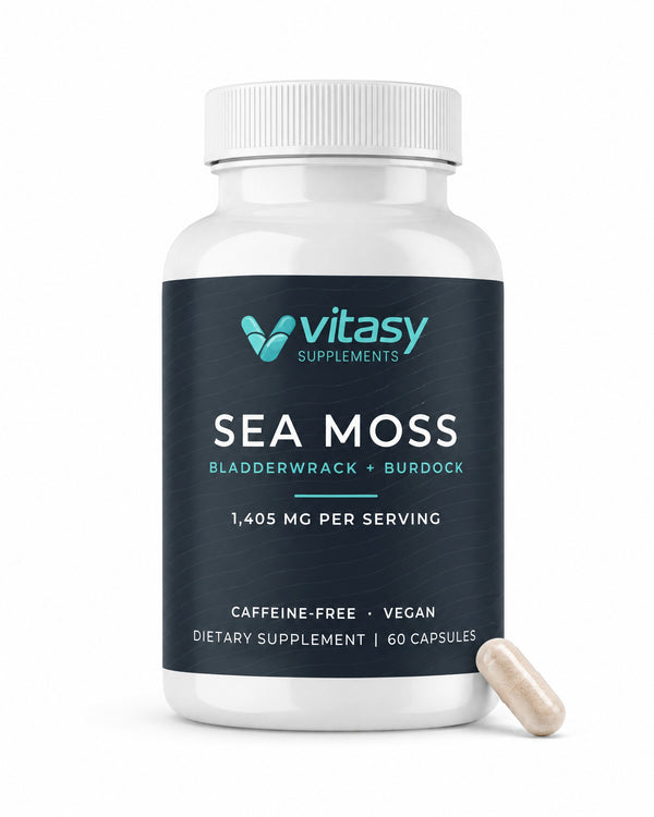 Vitasy Sea Moss Capsules bottle with one capsule