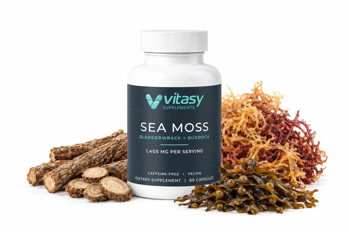 Vitasy Sea Moss Capsules bottle with dried Irish moss, bladderwrack and burdock root
