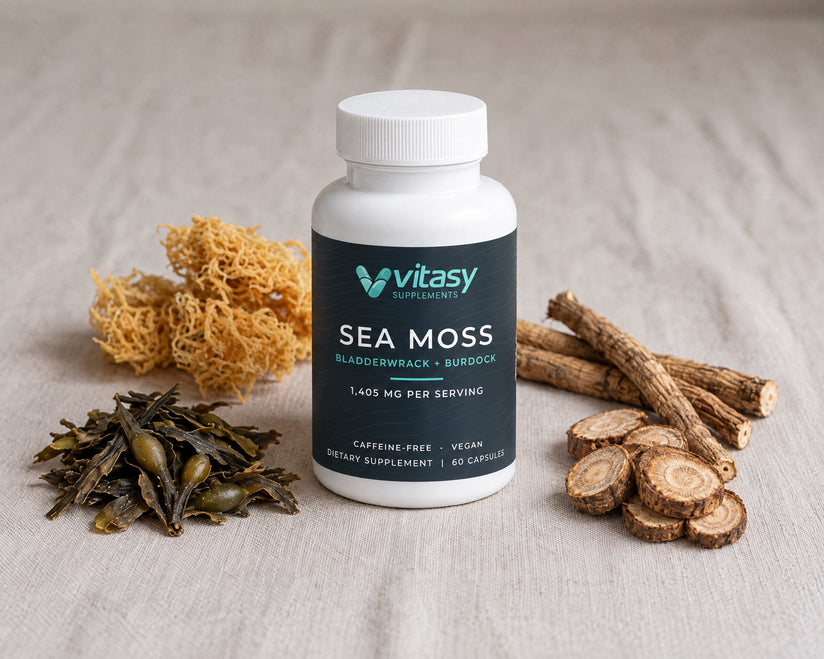 Vitasy Sea Moss Capsules bottle with sea moss, bladderwrack and burdock root