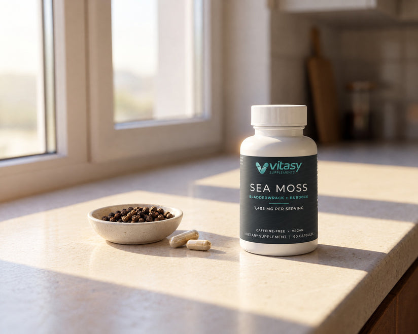 Vitasy Sea Moss Capsules bottle with black peppercorns in morning sunlight
