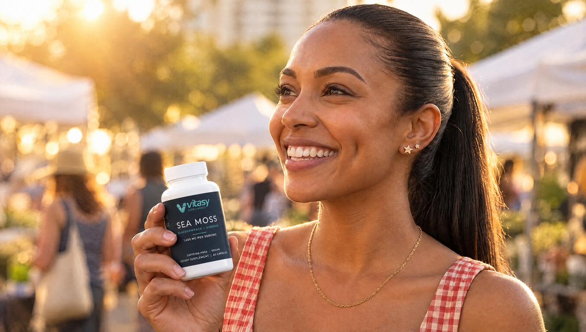 Smiling woman holding a bottle of Sea Moss Capsules