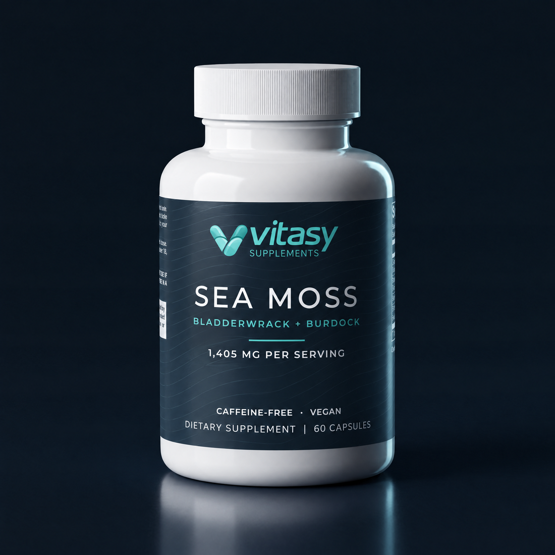 Sea Moss Capsules bottle on a dark navy background