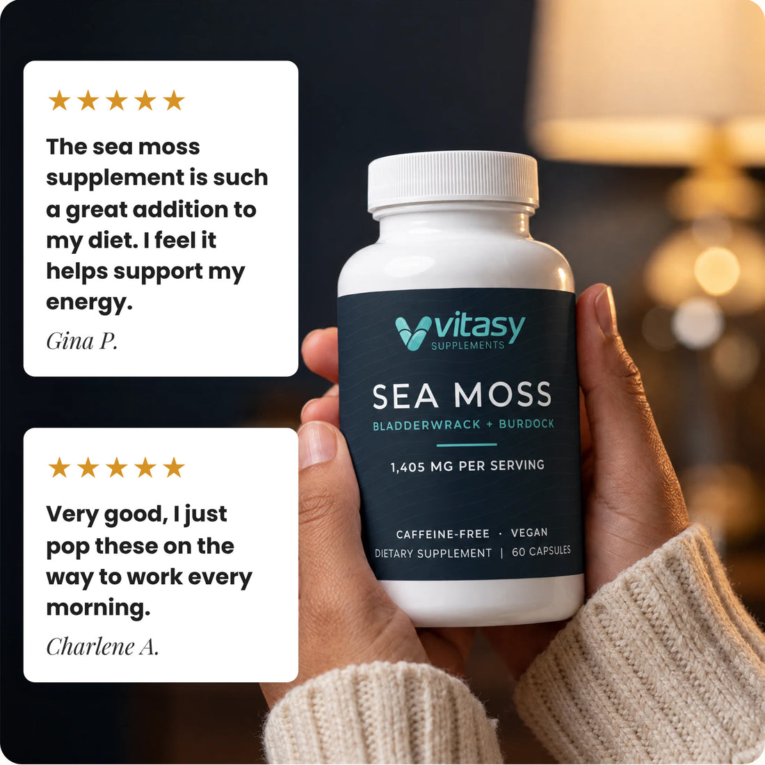 Customer quotes from Gina P. and Charlene A. next to hands holding a bottle of Vitasy Sea Moss Capsules