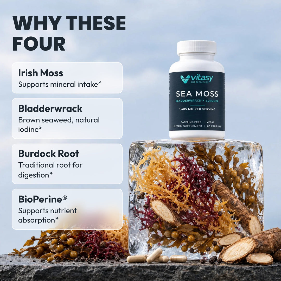 Vitasy Sea Moss Capsules bottle on a clear ice block with Irish sea moss, bladderwrack, burdock root and black peppercorns, with the text Why These Four
