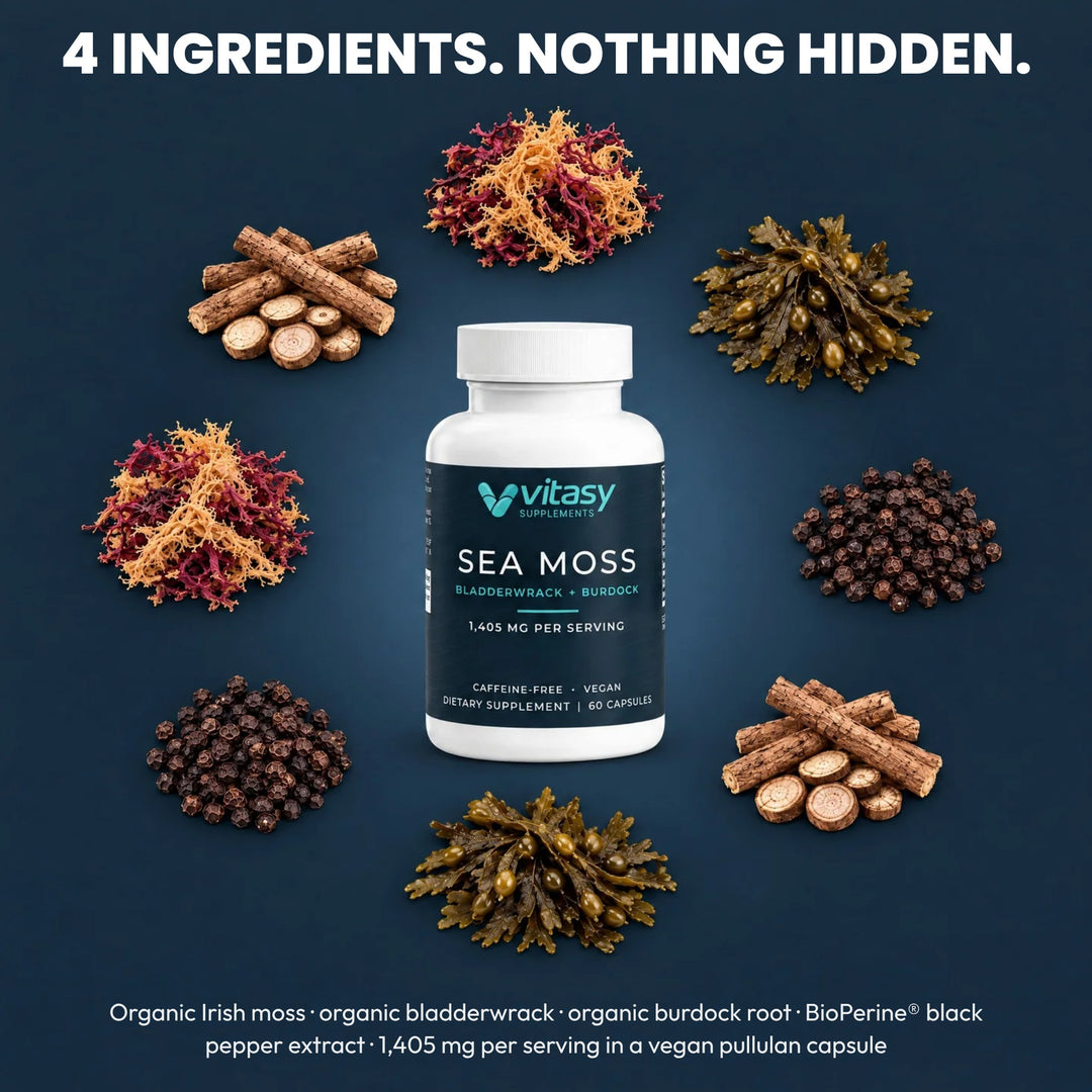 4 Ingredients. Nothing Hidden. Vitasy Sea Moss Capsules bottle with Irish sea moss, bladderwrack, burdock root and black pepper