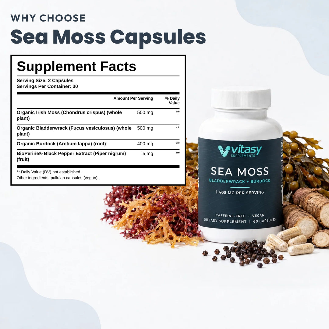 Supplement Facts for Vitasy Sea Moss Capsules next to the bottle