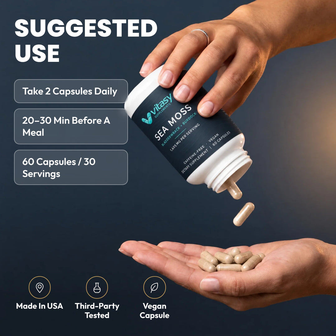 Suggested use: take 2 capsules daily, 20–30 minutes before a meal. Hand tipping beige Vitasy Sea Moss Capsules into an open palm