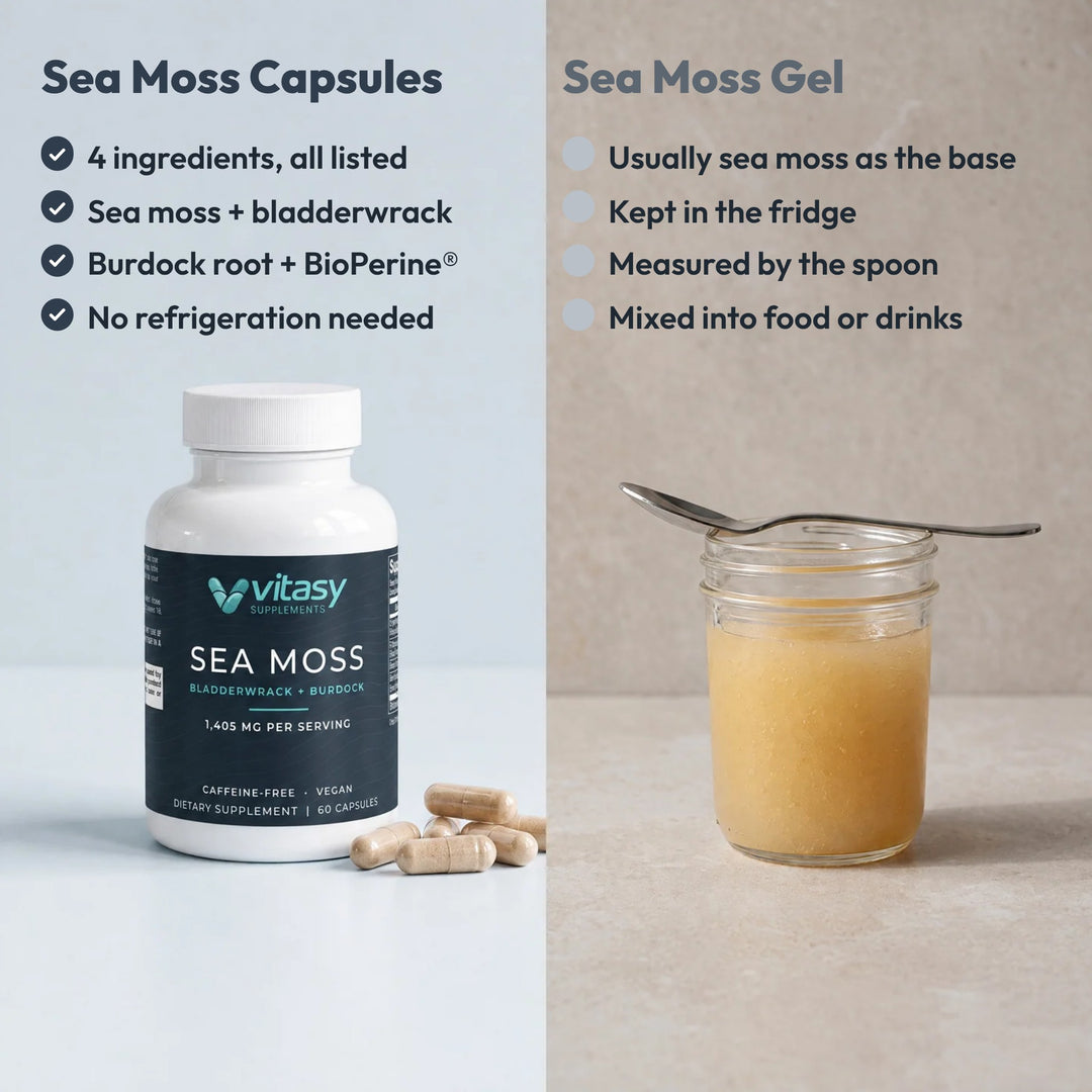 Sea Moss Capsules vs. Sea Moss Gel: Vitasy Sea Moss Capsules bottle next to a jar of sea moss gel