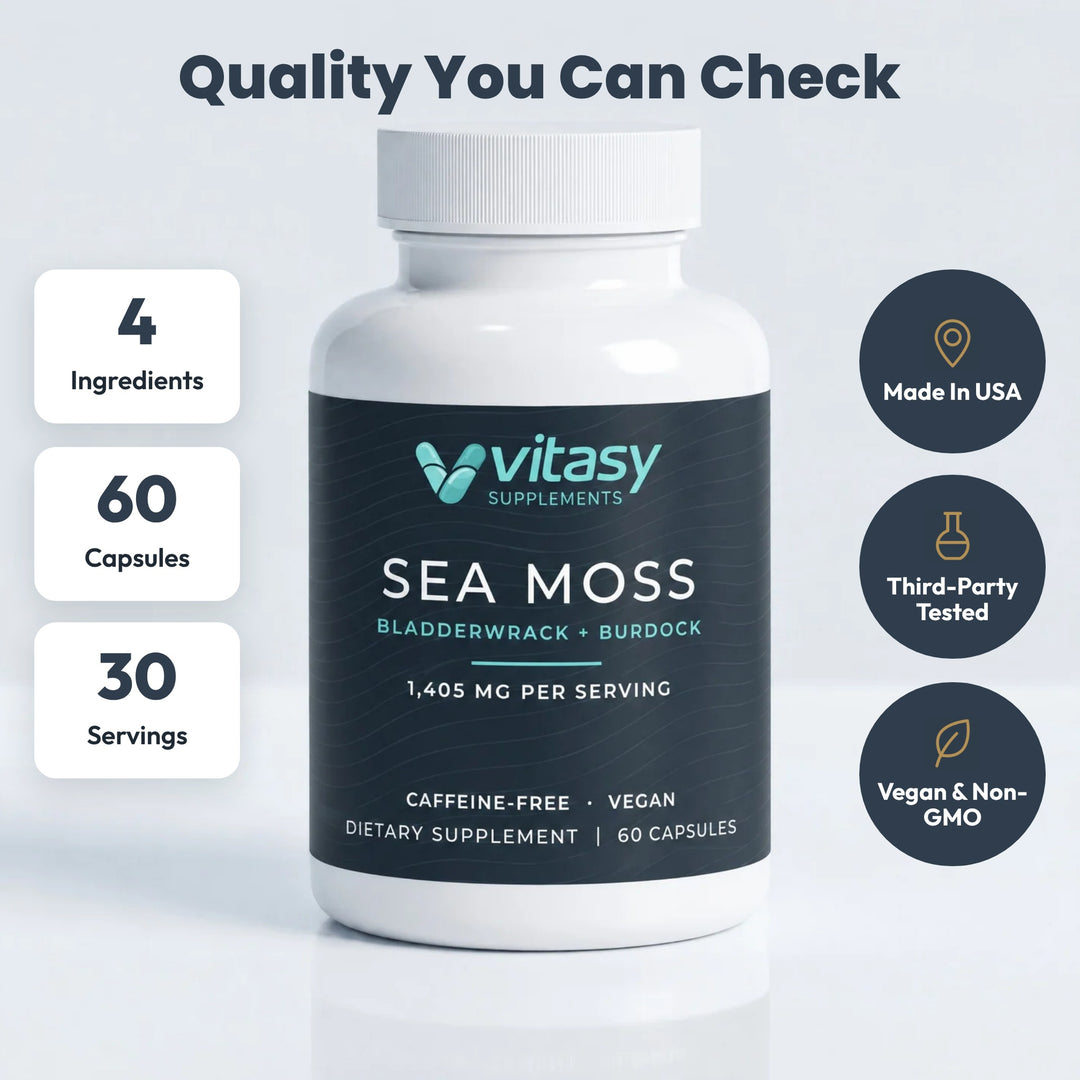 Quality You Can Check: 4 ingredients, 60 capsules, 30 servings, Made in USA, third-party tested, vegan and non-GMO. Vitasy Sea Moss Capsules bottle