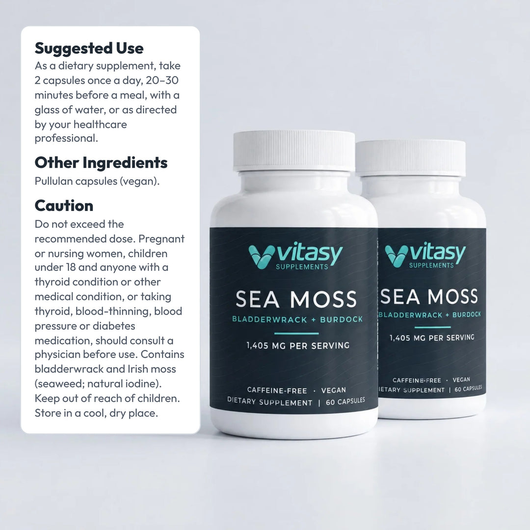 Suggested use, other ingredients and caution text next to two Vitasy Sea Moss Capsules bottles