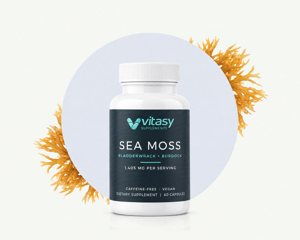 Vitasy Sea Moss Capsules bottle with sea moss on a light background