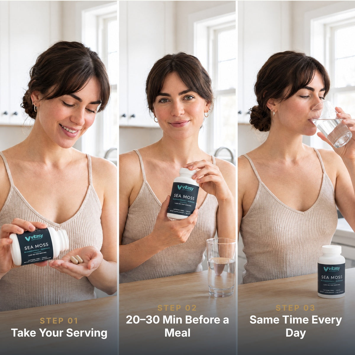 Three moments of a daily Vitasy Sea Moss Capsules routine in a bright kitchen