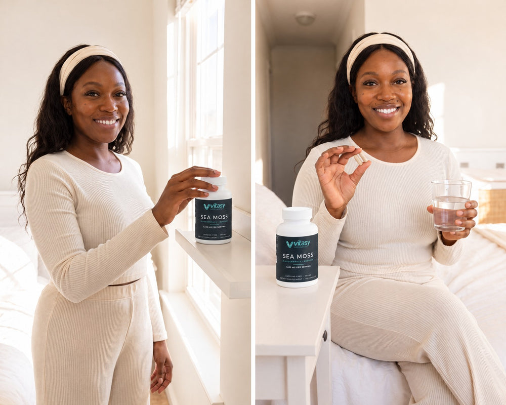 Woman taking the bottle from a bedroom shelf and holding two capsules with water