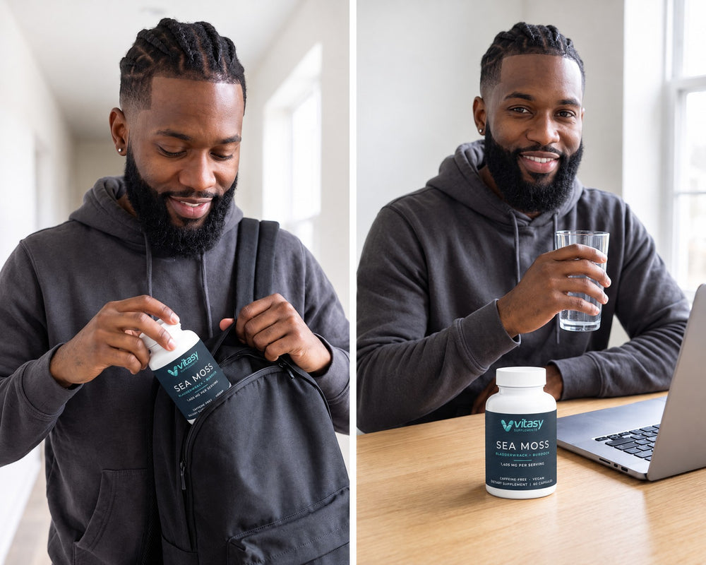 Man packing the bottle in his bag and taking capsules at his desk