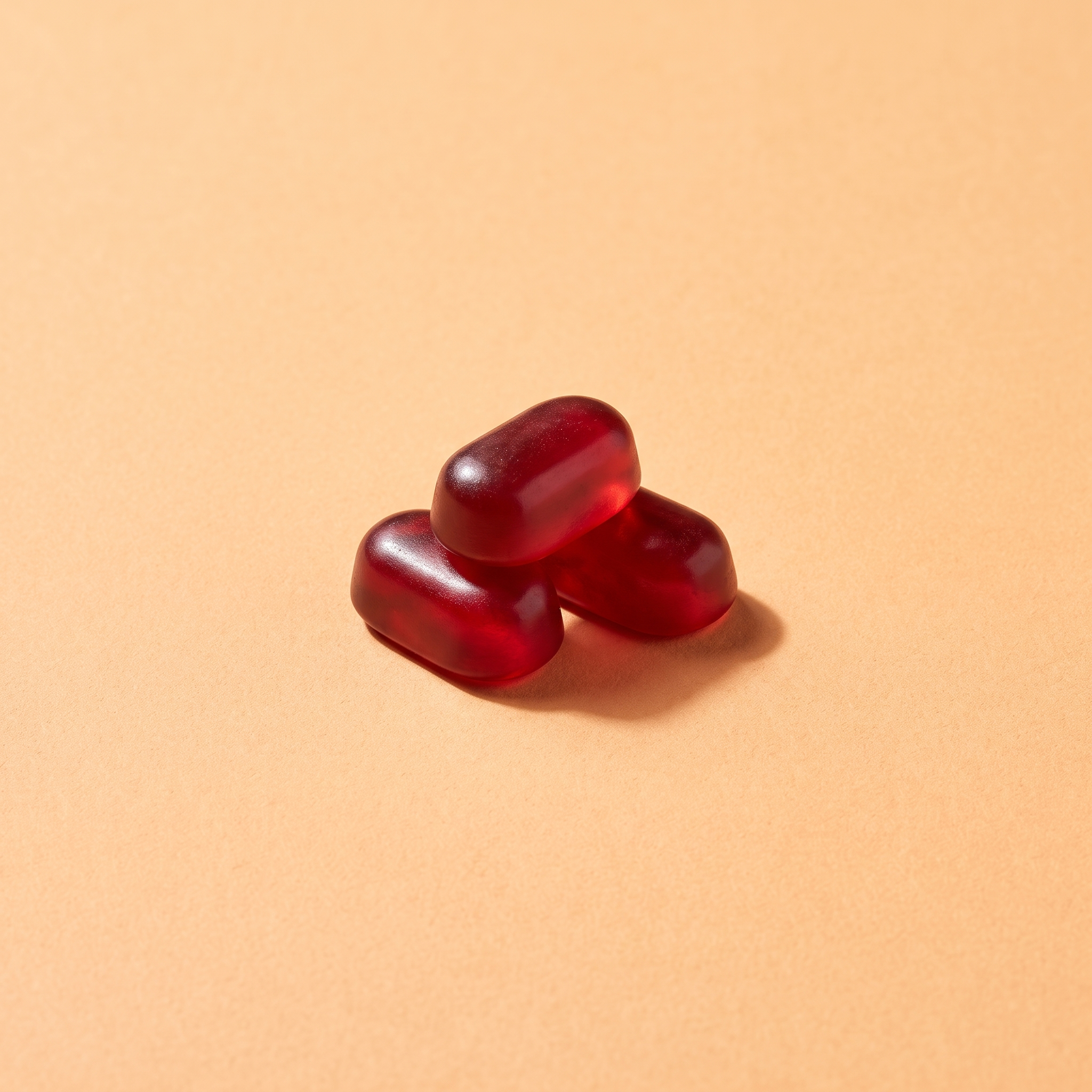 Three ruby-red collagen gummies on a peach background
